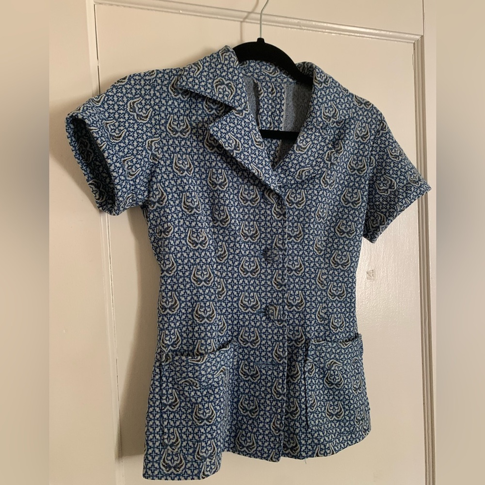 Vintage unisex Handmade blue collared short sleeved button up (S,M) with pockets